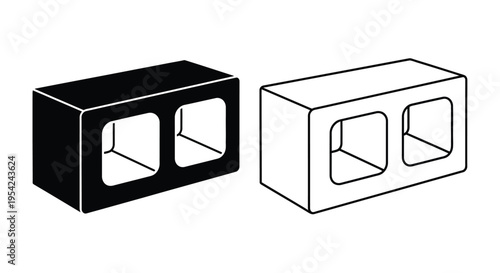 Two concrete blocks one dark and one light with rectangular voids