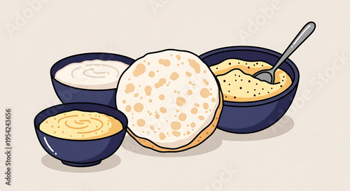 A vector graphic illustration of a tortilla with three bowls of dip for a tasty snack