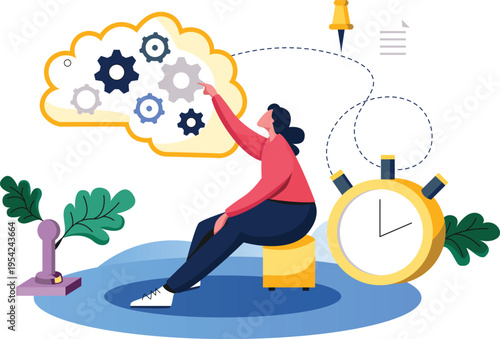 A woman sitting on a yellow stool touching gears in a thought bubble