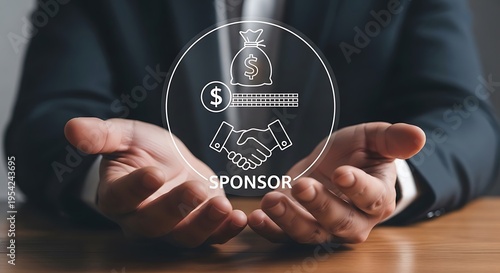 Businessman presenting sponsorship concept with hands on table money bag