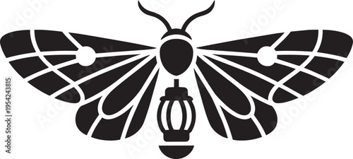 Moth silhouette with geometric wing patterns and lantern body for mystical nocturnal insect stencil art vector illustration