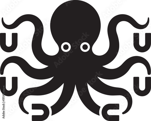 Octopus silhouette with multiple tentacles and suction cup details for deep sea cephalopod stencil vector illustration art