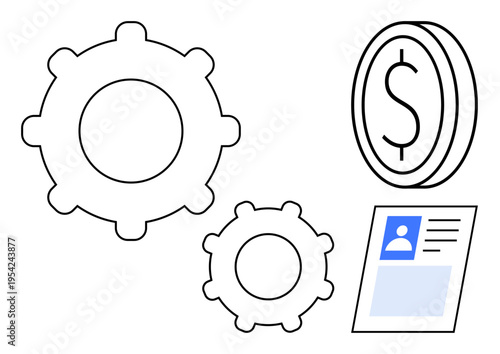 Business operations concept. Gears workflow and productivity. Dollar coin s financial aspects. Profile identification icon highlights identity management. For fintech, HR, workflow, digital security
