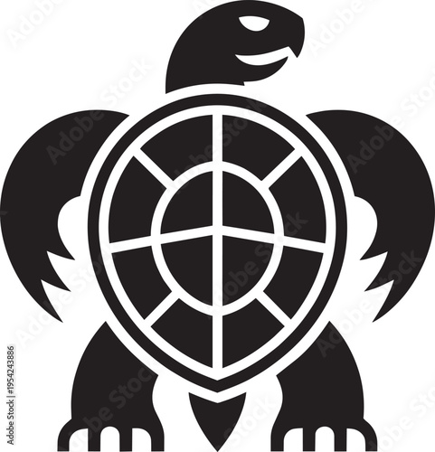 Turtle silhouette with geometric shell pattern and sharp flippers for sea life stencil and conservation vector design asset