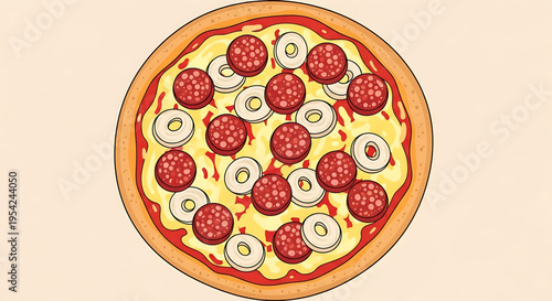 A delicious vector illustration of a pepperoni and mushroom pizza on a pale background