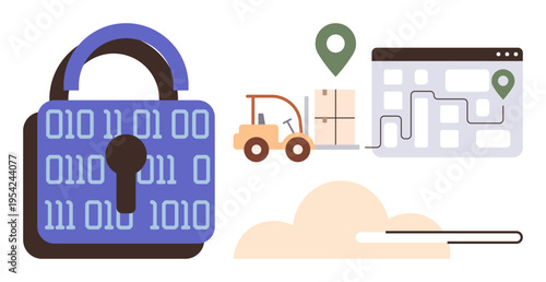Data security, logistics management, online delivery, supply chain, technology integration, cloud storage. Binary-coded lock, forklift and route map illustration. Data security and logistics