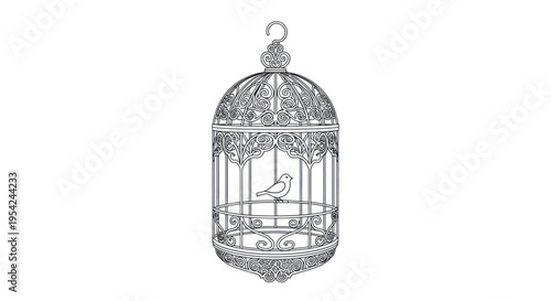 Bird sitting in ornate cage.