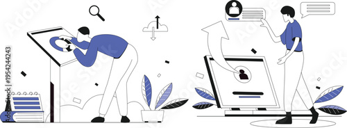 People interacting with large computer screens and data