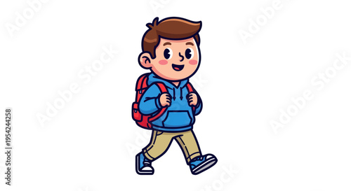 Happy young boy with backpack walking.