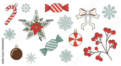 Colorful Christmas candies and ornaments.