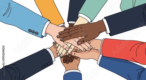 Diverse hands stacked together in unity.