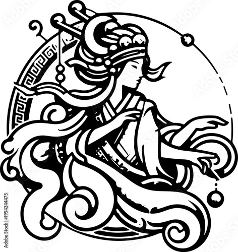 Luxurious Oriental Heritage Icon A Serene Female Deity or Royal Figure, Embodying Elegance, Grace, and Authority in a Symmetrical Design