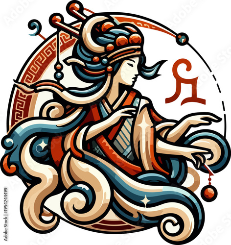 Luxurious Oriental Heritage Icon A Serene Female Deity or Royal Figure, Embodying Elegance, Grace, and Authority in a Symmetrical Design