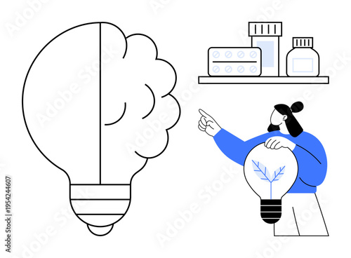 Innovation, healthcare, creative thinking, pharmaceutical research, inspiration, medicine. Brain-shaped lightbulb and figure holding a symbolic lightbulb. Innovation and healthcare concept