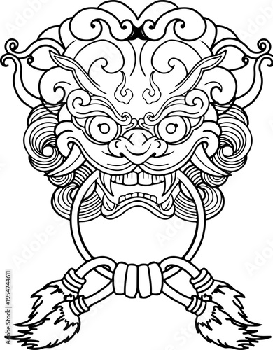 Majestic Oriental Guardian Lion Door Knocker Line Art Illustration with Traditional Tassels and Decorative Swirls for Asian Cultural Design Projects