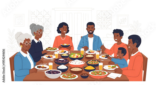 A diverse multi-generational family enjoying a meal together in a warm and inviting setting