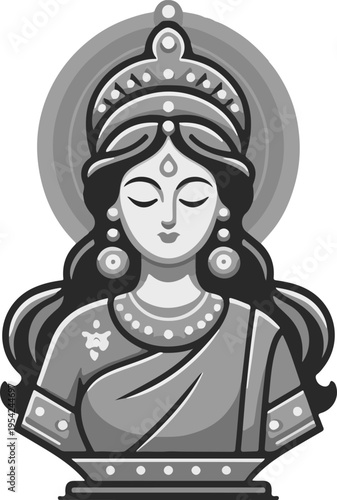 Modern Aesthetic Icon of an Asian Goddess with Long Dark Hair and Traditional Jewelry, Perfect for Contemporary Ethnic Decor and T-Shirt Prints