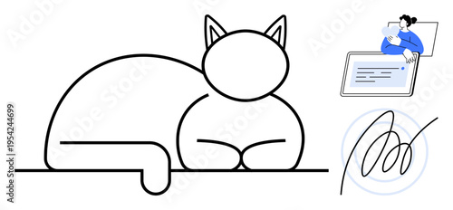 Digital signature. of digital signature with a minimalist cat outline, clear ion of online document processing, and signature authentication. For technology, agreements, remote work, contracts