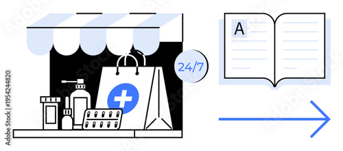 Online shopping, healthcare access, pharmacy services, medical education, 247 availability, e-commerce. Medical supplies under a storefront canopy beside an open book and arrow. Online shopping