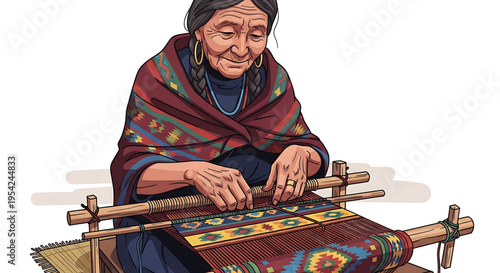An elderly Native American woman weaving a colorful textile on a traditional loom