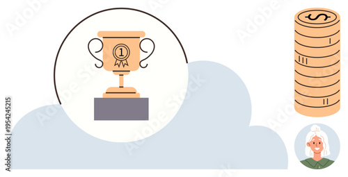 Financial success, motivation, achievement, business goals, leadership, awards recognition. A trophy, coin stack and a person illustration. Financial success and motivation