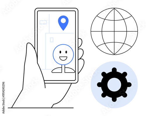 Navigation concept. Navigation through smartphone apps with location pin, global connectivity icon, and settings gear. Navigation for travel, digital tools, maps, app development, interfaces
