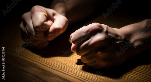 Two clenched fists resting on a wooden table, dramatically lit, conveying tension, anger, or determination.
