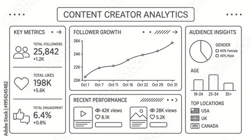 Digital dashboard visualizing social media performance metrics and audience demographics for online content creators