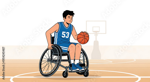 A young man in a blue basketball jersey plays wheelchair basketball on a court with a hoop in the background.
