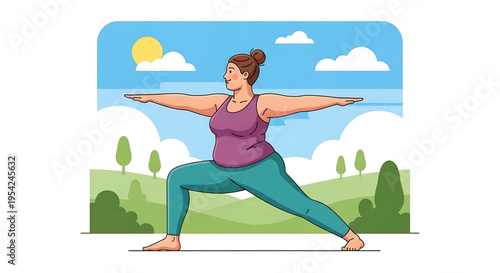 A woman in a purple tank top and teal leggings practices yoga in a serene outdoor setting with a sunny sky and green hills.