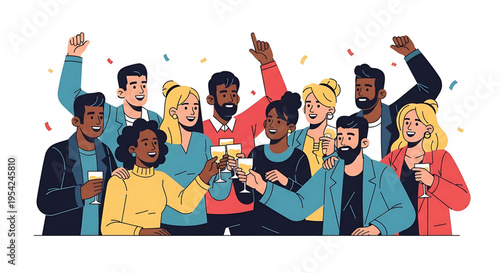 A diverse group of people celebrating and toasting with drinks in a modern party setting