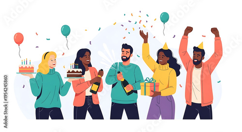 A group of diverse friends celebrating a birthday with cake, champagne, and gifts in a colorful and festive vector illustration.
