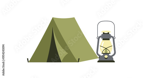 Green tent with camping lantern.