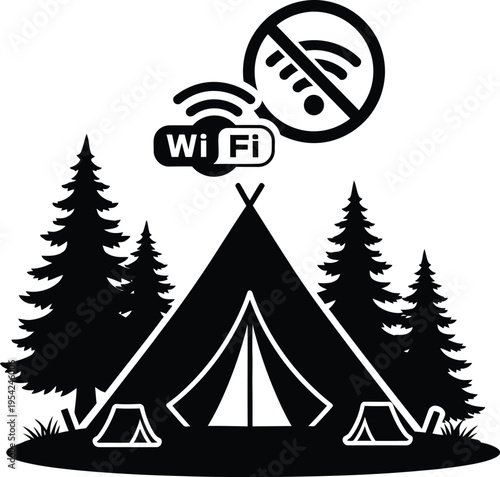 Camping tent silhouette in a pine forest with a crossed out wifi symbol representing outdoor digital detox and disconnected nature travel isolated on white.