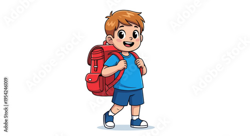 Little boy with red backpack smiling.