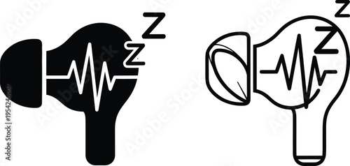 Earbud icons designed for sleep and noise cancellation featuring sound wave and zzz symbols representing deep rest and quiet dreaming on white.