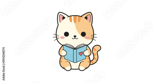 Cartoon cat reading a book.