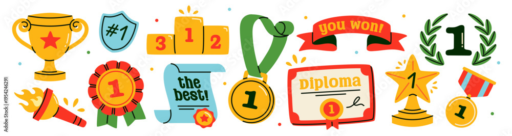 Fototapeta premium Award doodle sticker set. Icons with gold cup, diploma, trophy, winner medal and laurels. Victory in sports competition. Hand drawn vector illustration collection isolated on background