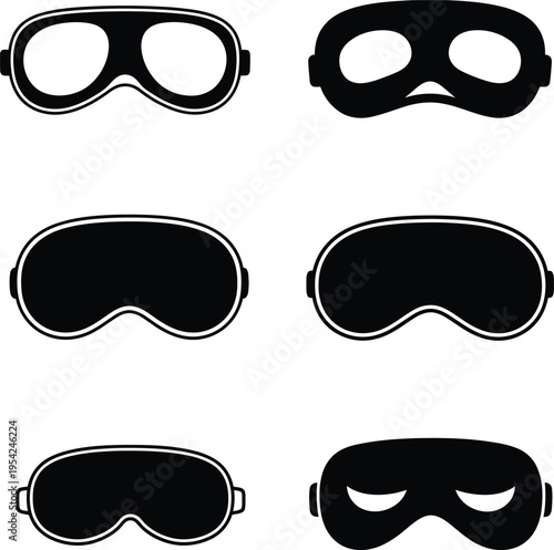 Black silhouette icons of sleep masks and eye covers for relaxation and deep dreaming isolated on a white background for healthcare and travel projects.