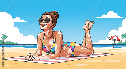 A vibrant cartoon illustration of a woman relaxing on a beach towel at a tropical resort.