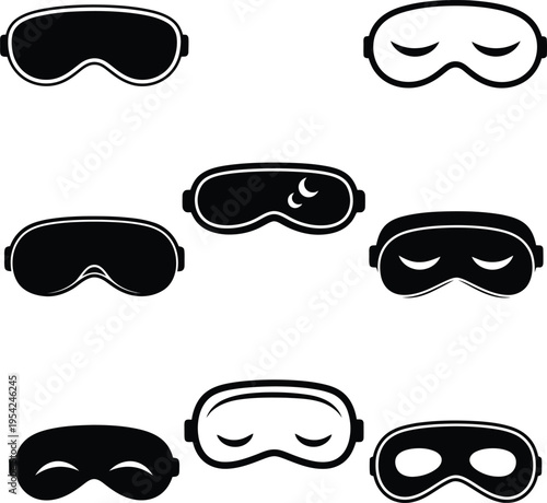Varied set of sleeping eye mask icons with different designs including closed eyes and moon patterns for rest, health, and travel concepts on white.