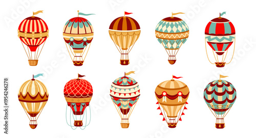 Vintage hot air balloons set. Beautiful flying retro hot air balloons decorated with flags, patterns and ribbons. Air transport vehicle. Flat vector illustration collection isolated on background
