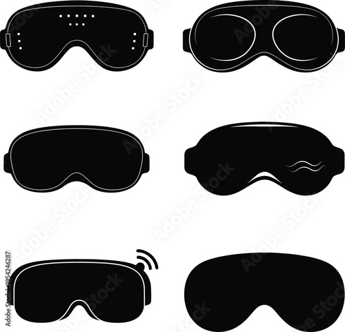 Collection of sleep mask icons featuring various eye covers for resting, travel, and deep slumber isolated on a white background for graphic design.
