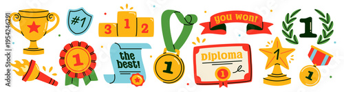 Award doodle sticker set. Icons with gold cup, diploma, trophy, winner medal and laurels. Victory in sports competition. Hand drawn vector illustration collection isolated on background