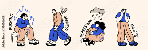 Sad disappointed characters. Group of unhappy people suffering from depression, burnout, anxiety, and sadness. Psychological problems. Hand drawn vector illustration collection isolated on background
