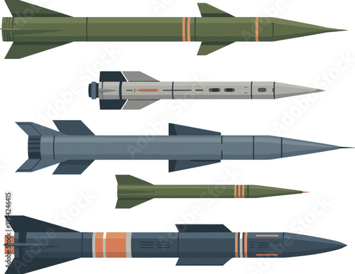 Flat design missile collection, modern military rockets set with guided weapons, defense technology, tactical warfare equipment, vector illustration isolated