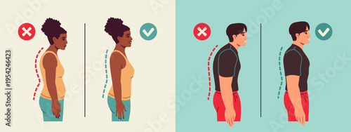 Set of people with bad incorrect posture. Man and woman with slouched, with rounded shoulders and belly sticking out and with straight back, good posture and shoulders back. Flat vector illustration