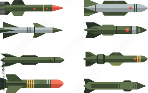 Military missile collection, flat vector set of guided rockets, ballistic weapons, defense technology icons, army ammunition illustration isolated on background