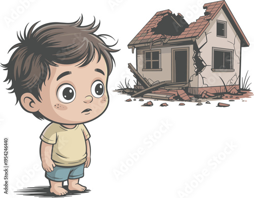 Sad child standing near damaged house illustration, emotional cartoon boy with ruined home, disaster aftermath concept, poverty and crisis scene