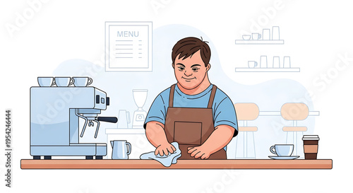 A barista wiping down the counter in a modern coffee shop with a coffee machine and menu board